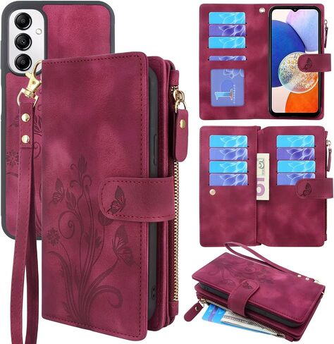 Lacass for Samsung Galaxy A14 5G 2023 Case,[12 Card Slots] ID Credit Cash Holder Zipper Pocket Detachable Magnet Leather Wallet Cover with Wrist Strap Lanyard (Floral Wine Red) in Saudi Arabia