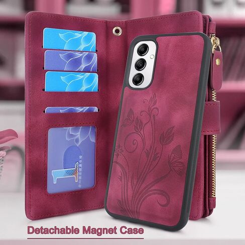 Lacass for Samsung Galaxy A14 5G 2023 Case,[12 Card Slots] ID Credit Cash Holder Zipper Pocket Detachable Magnet Leather Wallet Cover with Wrist Strap Lanyard (Floral Wine Red) in Saudi Arabia