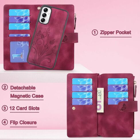 Lacass for Samsung Galaxy A14 5G 2023 Case,[12 Card Slots] ID Credit Cash Holder Zipper Pocket Detachable Magnet Leather Wallet Cover with Wrist Strap Lanyard (Floral Wine Red) in Saudi Arabia