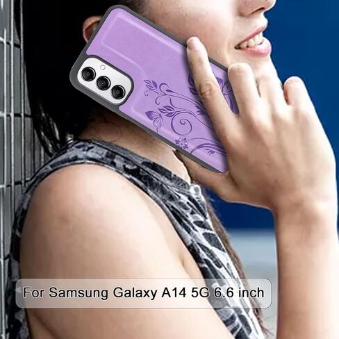 حافظة Lacass لهاتف Samsung Galaxy A14 5G 2023، [12 فتحة للبطاقات] حامل نقدي لبطاقة الهوية وجيب بسحاب وغطاء محفظة جلدية مغناطيسي قابل للفصل مع حبل معصم (أزهار النبيذ الأحمر) in Saudi Arabia