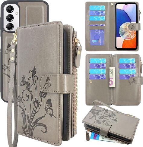 Lacass for Samsung Galaxy A14 5G 2023 Case,[12 Card Slots] ID Credit Cash Holder Zipper Pocket Detachable Magnet Leather Wallet Cover with Wrist Strap Lanyard (Floral Wine Red) in Saudi Arabia