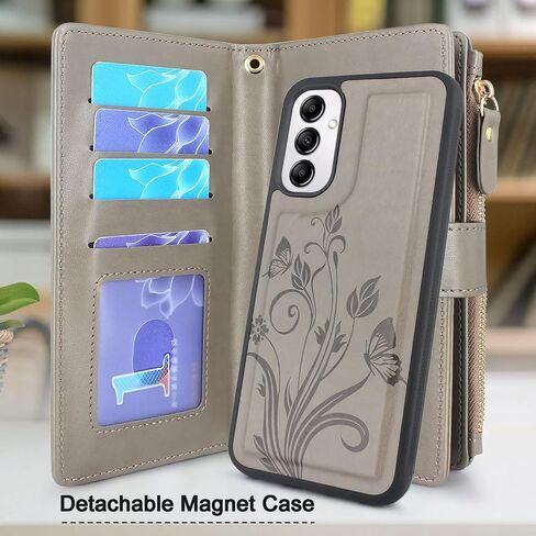 Lacass for Samsung Galaxy A14 5G 2023 Case,[12 Card Slots] ID Credit Cash Holder Zipper Pocket Detachable Magnet Leather Wallet Cover with Wrist Strap Lanyard (Floral Wine Red) in Saudi Arabia