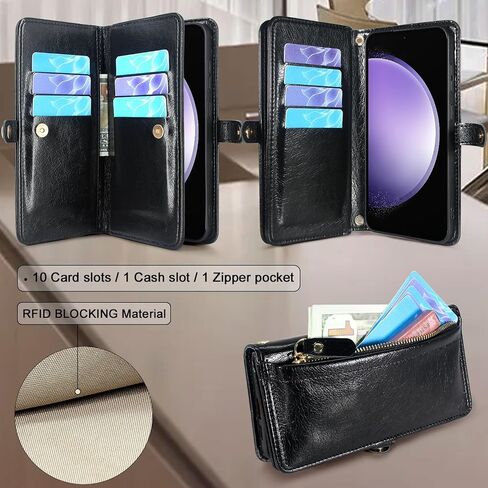 Lacass Crossbody Wallet Case for Galaxy S23FE,[Cards Theft Scan Protection] Card Holder Zipper Flip Leather Cover Wrist Strap Stand for Samsung Galaxy S23 FE 5G(Black) in Saudi Arabia