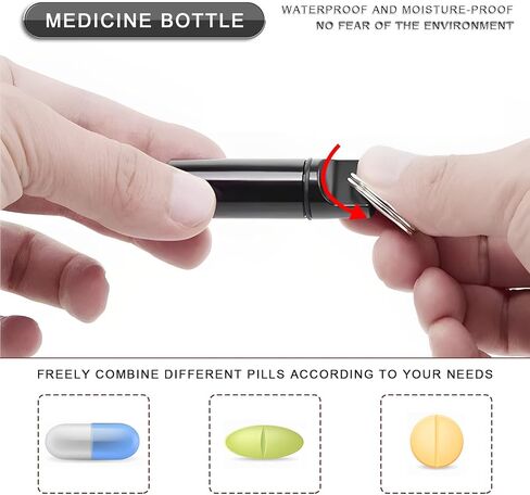 3 قطع حامل حبوب الدواء سلسلة مفاتيح صغيرة لحبوب منع الحمل سلسلة مفاتيح مقاومة للماء حاوية معدنية محمولة منظم زجاجة دواء للتخييم في الهواء الطلق والسفر صندوق حبوب الدواء in Kuwait