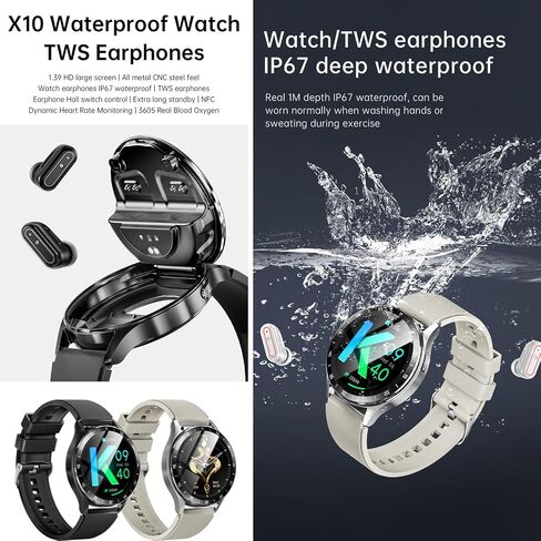 X10 Smart Watch with Earbuds for iPhone Android Smartphones 1.39 Inch Round Bluetooth Call Smartwatch Fitness Tracker All-in-one Smartwatches Long Time Standby TWS Music Watch for Men Women (Black) in Saudi Arabia