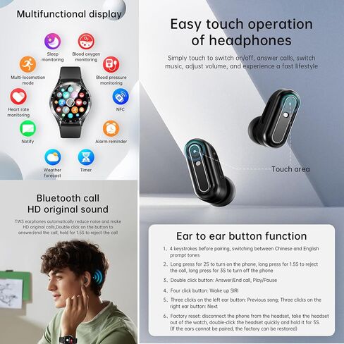 X10 Smart Watch with Earbuds for iPhone Android Smartphones 1.39 Inch Round Bluetooth Call Smartwatch Fitness Tracker All-in-one Smartwatches Long Time Standby TWS Music Watch for Men Women (Black) in Saudi Arabia