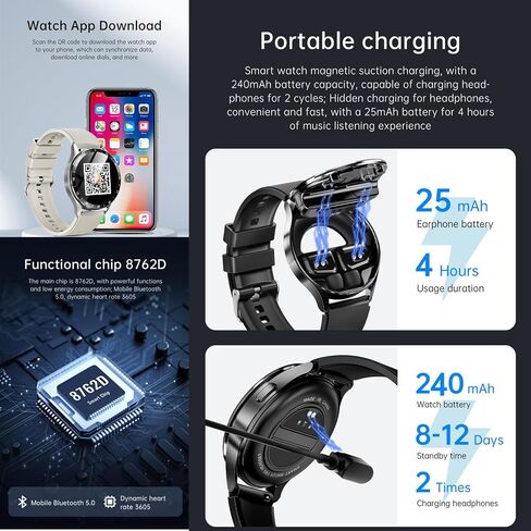 X10 Smart Watch with Earbuds for iPhone Android Smartphones 1.39 Inch Round Bluetooth Call Smartwatch Fitness Tracker All-in-one Smartwatches Long Time Standby TWS Music Watch for Men Women (Black) in Saudi Arabia