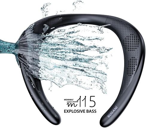 مكبر صوت بلوتوث لاسلكي للرقبة من BUGANI، صوت ستيريو ثلاثي الأبعاد، مكبرات صوت رياضية خفيفة الوزن للجسم مع 24 ساعة من مكبر صوت كتف مقاوم للماء، ميكروفون مدمج، تصميم مريح، أسود in Kuwait