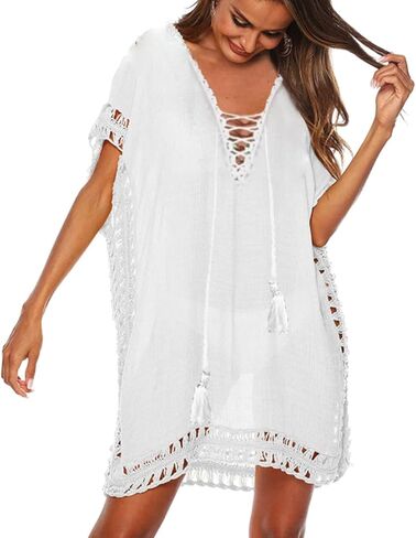 Swimsuit Cover Ups Women Lace Crochet V-Neck Summer Beach Cover Bikini Wear Coverups Dress for Swimwear Bathing Suit in Saudi Arabia