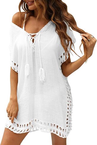 Swimsuit Cover Ups Women Lace Crochet V-Neck Summer Beach Cover Bikini Wear Coverups Dress for Swimwear Bathing Suit in Saudi Arabia