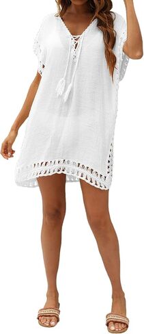 Swimsuit Cover Ups Women Lace Crochet V-Neck Summer Beach Cover Bikini Wear Coverups Dress for Swimwear Bathing Suit in Saudi Arabia