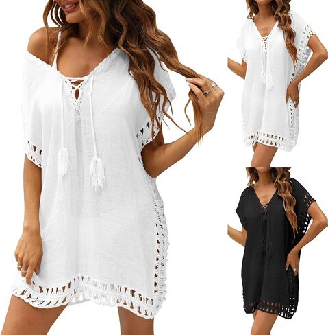 Swimsuit Cover Ups Women Lace Crochet V-Neck Summer Beach Cover Bikini Wear Coverups Dress for Swimwear Bathing Suit in Saudi Arabia