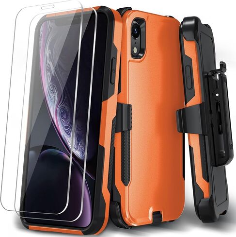 for iPhone XR Phone case, [Shockproof] [Belt Clip Kickstand] [2X Tempered Glass Screen Protector] Heavy Duty Cover for iPhone XR 6.1 inch (Orange/Black) in Saudi Arabia
