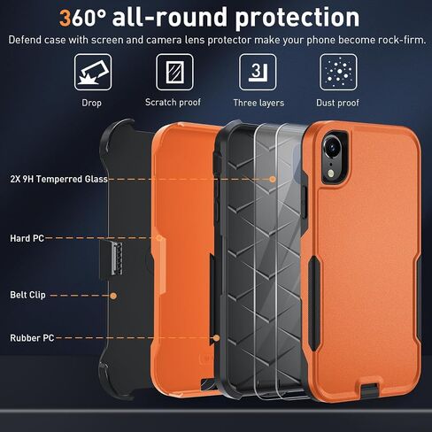 for iPhone XR Phone case, [Shockproof] [Belt Clip Kickstand] [2X Tempered Glass Screen Protector] Heavy Duty Cover for iPhone XR 6.1 inch (Orange/Black) in Saudi Arabia