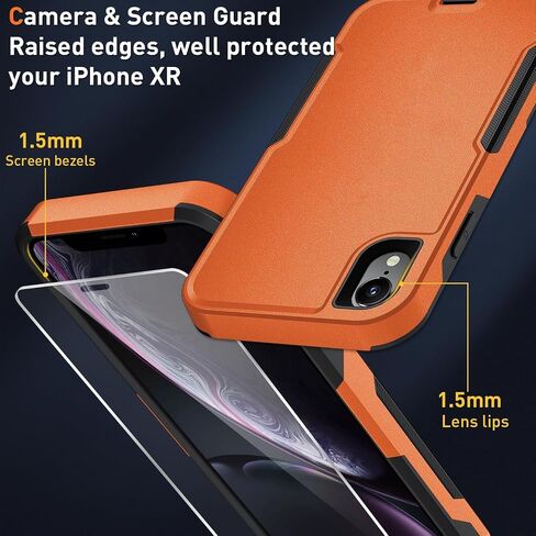 for iPhone XR Phone case, [Shockproof] [Belt Clip Kickstand] [2X Tempered Glass Screen Protector] Heavy Duty Cover for iPhone XR 6.1 inch (Orange/Black) in Saudi Arabia