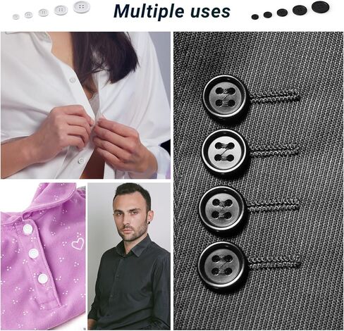 أزرار الخياطة MAEXUS - 120 حزمة من أزرار القميص المستديرة باللونين الأبيض والأسود مع 4 فتحات و5 أحجام من أزرار الراتنج - مثالية للخياطة والقمصان والسترات والبدلات والحرف اليدوية in Kuwait