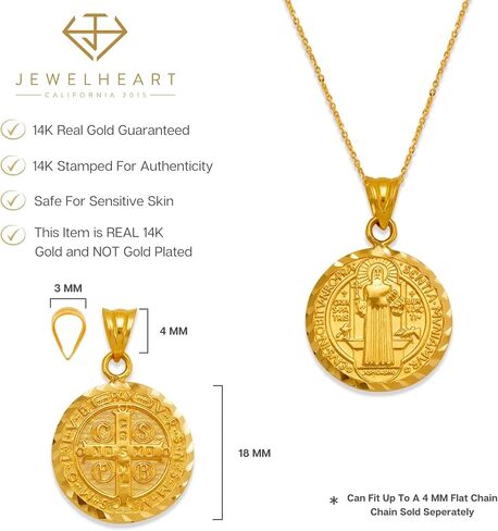 JEWELHEART 14K الذهب الحقيقي سانت بنديكت ميداليات 14 مم 18 مم 20 مم 25 مم قطع الماس سان بينيتو قلادة ساحرة للرجال والنساء والأولاد والبنات ميدالية دينية على الوجهين in Kuwait