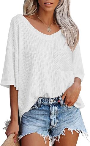 Zeagoo Women's Waffle Loose Blouse Casual V Neck Shirts Summer Short Sleeve Tunic Tops in Saudi Arabia