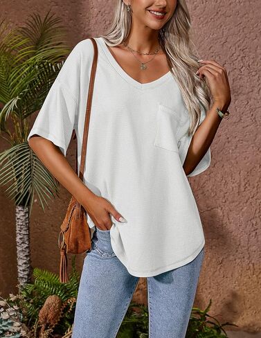 Zeagoo Women's Waffle Loose Blouse Casual V Neck Shirts Summer Short Sleeve Tunic Tops in Saudi Arabia