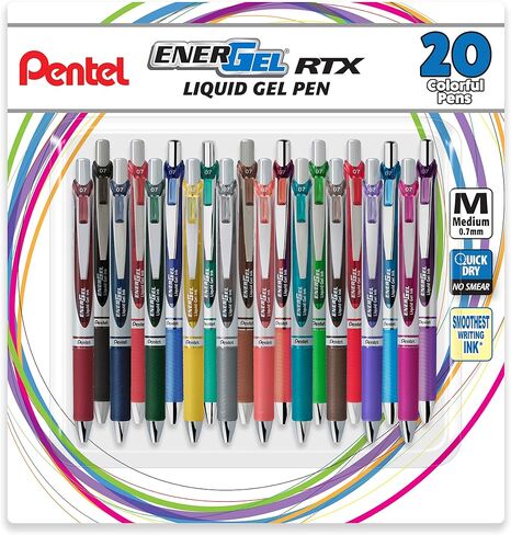 Pentel EnerGel RTX Retractable Liquid Gel Pen, (0.7mm), Medium line, Assorted Ink, Pack of 20 (BL77BP20M) in Saudi Arabia