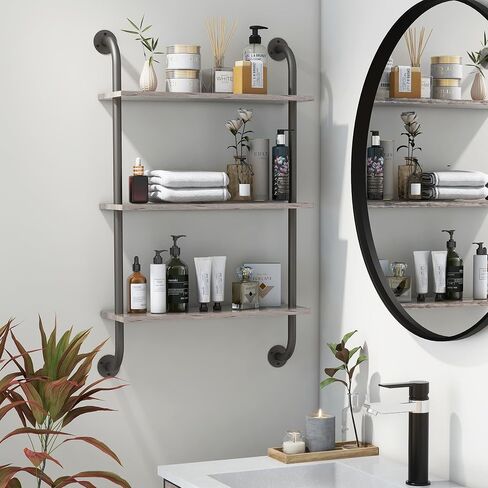 3Tier Grey Wall Shelves for Bathroom, 24 Inch Bathroom Floating Shelves Over Toilet, Industrial Pipe Shelves Wall Mounted, Rustic Floating Shelves for Wall - Grey in Saudi Arabia