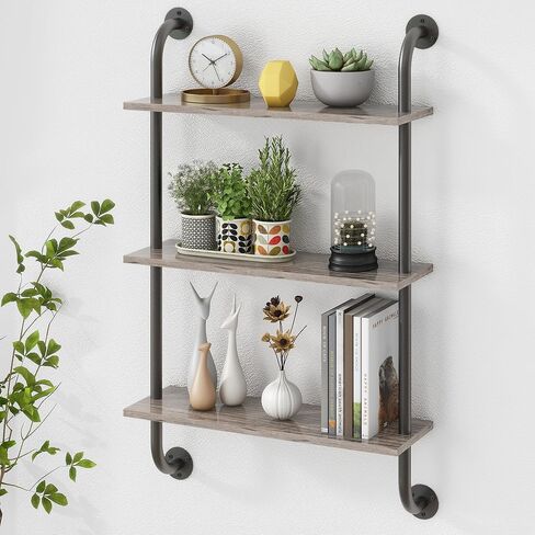 3Tier Grey Wall Shelves for Bathroom, 24 Inch Bathroom Floating Shelves Over Toilet, Industrial Pipe Shelves Wall Mounted, Rustic Floating Shelves for Wall - Grey in Saudi Arabia