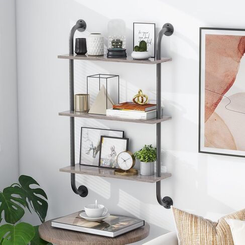 3Tier Grey Wall Shelves for Bathroom, 24 Inch Bathroom Floating Shelves Over Toilet, Industrial Pipe Shelves Wall Mounted, Rustic Floating Shelves for Wall - Grey in Saudi Arabia