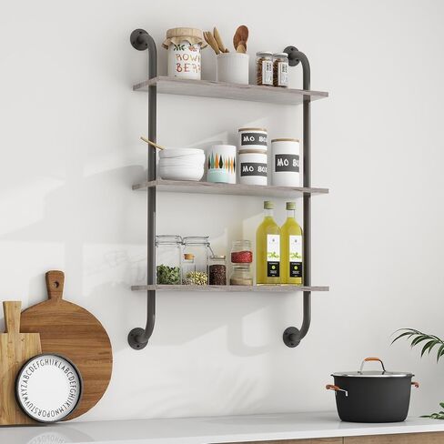 3Tier Grey Wall Shelves for Bathroom, 24 Inch Bathroom Floating Shelves Over Toilet, Industrial Pipe Shelves Wall Mounted, Rustic Floating Shelves for Wall - Grey in Saudi Arabia