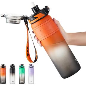 TKK Sports Water Bottles with Removable Straw 34 oz Leak-proof Flip Top Lid BPA Free Tritan Bottles with Strap for School, Fitness, Gym, Outdoor, Black