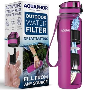 Filtered Water Bottle, Leakproof, BPA-Free, Motivational Markings, Travel, Everyday Use. 40-Gallon Filter, Replaces 300 Plastic Water Bottles. Includes 1 Filter, 22 FL Oz, Pink by Aquaphor