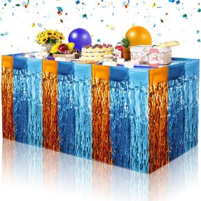 2 Pack Blue Dog Wavy Foil Fringe Table Skirt Backdrop Party Decorations 30x108 Inch, Orange Blue and Light Blue Tinsel Metallic Table Decorations for Birthday Baby Shower Blue Dog Theme Party Supplies