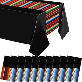 10 Pcs Mexican Tablecloth Table Runner 108 x 54 Inch Plastic Fiesta Striped Table Cover for Taco Night Festive Mexican Wedding(Black)