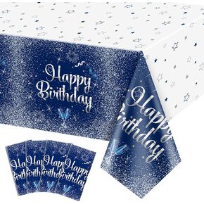 4 Pack Navy Blue and Silver Happy Birthday Tablecloths, 51x87'' Plastic Disposable Rectangle Table Cover for Men Women Boys Girls Birthday Party Decorations Supplies in Kuwait