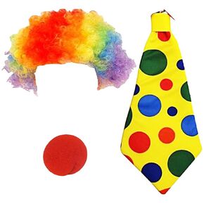 3 Pieces Clown Costume Wig Set with Sponge Red Clown Nose and Tie for Halloween Carnival Cosplay Fancy Dress Up Carnival Masquerade Accessories Photo Props
