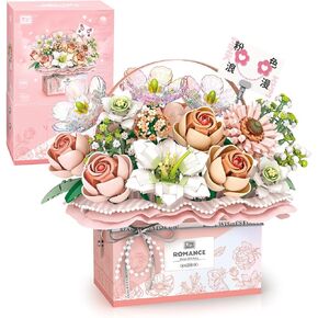 MEIEST Flower Bouquet Building Blocks Model Set,Simulation Artificial Rose Handheld Gift Box for Valentine's Day,Bonsai Plant Building Bricks Toys,Home Decor (Fantasy Pink)