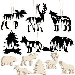 Woodland Tree Wooden Ornaments Wild Forest Animal Ornaments Unfinished Hanging Wood Deer Cutouts Animal Party Wall Decor Craft Wood Slices with Rope for DIY New Year Decorations(30 Pieces)