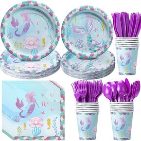 Mermaid Birthday Decorations Tableware Girls - Mermaid Birthday Party Supplies, Paper Plates, Napkins, Cups, Cutlery, Little Mermaid Party Decorations For Baby Shower Birthday | Serve 24