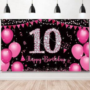 10 Birthday Banner Hot Pink, Happy 10th Birthday Decorations for Girls, Ten Party Decorations, 10 Year Old Birthday Photo Props Yard Sign Decor Supplies, Fabric Vicycaty
