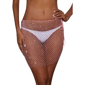 AIBEARTY Women's Sexy Glitter Rhinestone Mesh See Through Mini Skirt Hollow Out Bikini Cover Up Club Festival Rave Outfit