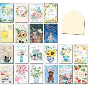 Leanin' Tree, Watercolor Whimsy, Greeting Cards Assortment Box, Watercolor Cards with Envelopes, All Occasion Cards, (20 Assorted Cards, 22 Envelopes)