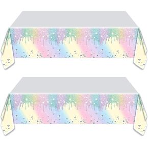 OULUN 2Pcs Teal and Silver Birthday Party Tablecloth, 54''x71'' Blue Glitter Birthday Theme Table Cover for Girls Silver Glitter Party Supplies