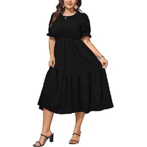 Womens Plus Size Summer Dresses 2024 Casual Puff Short Sleeve Crewneck Smocked Flowy Ruffle Boho Party Maxi Dress