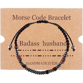 Morse Code Bracelets for Women Men, Mens Bracelet, Inspirational Bracelets Gifts for Couples Wife Husband Daughter Best Friend Adjustable Bracelets with Black Hematite Beads (I Love You)