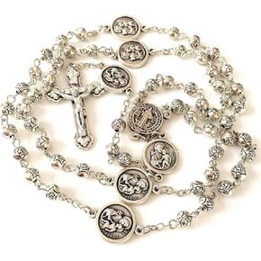 elegantmedical handmade st. joseph medal + silver rose beads mens womans rosary & crucifix cross catholic necklace gift box