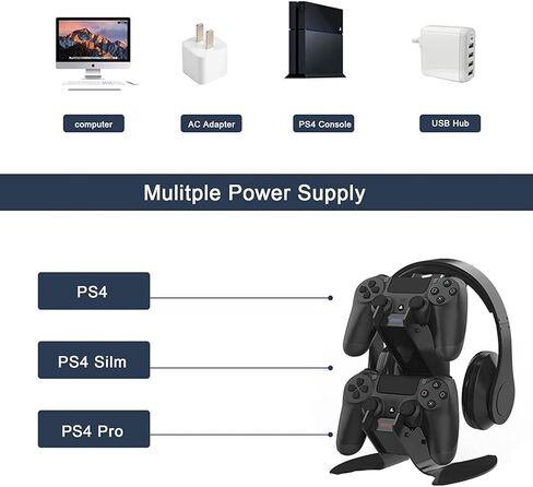 محطة شاحن وحدة تحكم PS4 مع منظم سماعات الرأس، قاعدة شحن وحدة تحكم Playstation 4 مع منفذ شحن سريع، شاحن بديل لجهاز PS4 Slim Pro من DOYO in Kuwait