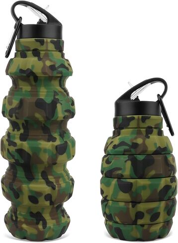 QiCheng&LYS Collapsible Water Bottle Sports Bottle 19.5OZ/580ml Travel Water Bottle for Men Women Kids. BPA Free Food Grade Silicone. (Army green camouflage) in Saudi Arabia