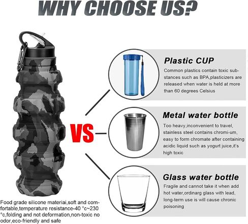 QiCheng&LYS Collapsible Water Bottle Sports Bottle 19.5OZ/580ml Travel Water Bottle for Men Women Kids. BPA Free Food Grade Silicone. (Army green camouflage) in Saudi Arabia