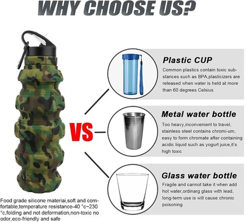 QiCheng&LYS Collapsible Water Bottle Sports Bottle 19.5OZ/580ml Travel Water Bottle for Men Women Kids. BPA Free Food Grade Silicone. (Army green camouflage) in Saudi Arabia