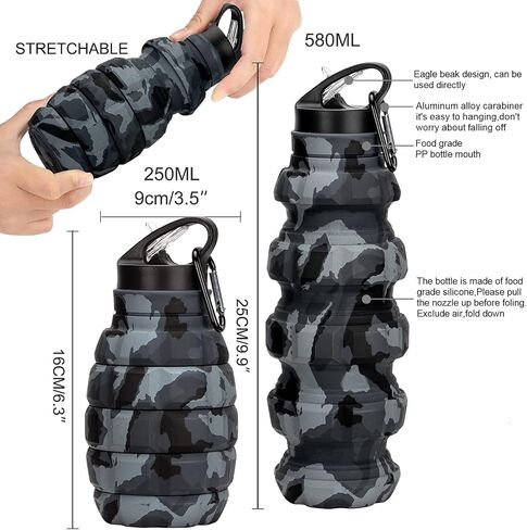 QiCheng&LYS Collapsible Water Bottle Sports Bottle 19.5OZ/580ml Travel Water Bottle for Men Women Kids. BPA Free Food Grade Silicone. (Army green camouflage) in Saudi Arabia