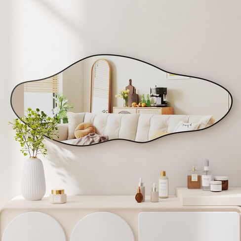 Irregular Wall Mirror Asymmetrical Mirror for Wall 19.6"x47" Black Framed Wall Mirror for Living Room Bathroom Entryway Bedroom, Cloud Shape in Saudi Arabia